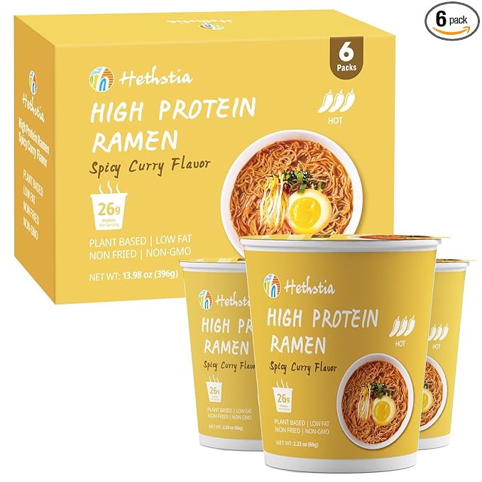 Hethstia High Protein (26g) Ramen Cup Noodles Spicy Curry Flavor 6 Count Plant Based Vegan Noodle Soup Non Fried Low Sugar Low Fat Ready to Eat Healthy Asian Meal &amp Holiday Gift