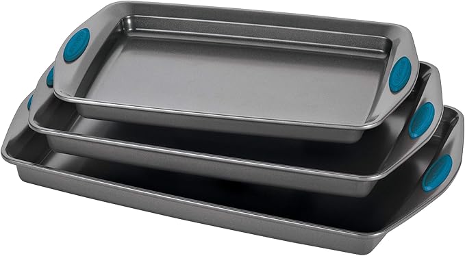 Rachael Ray Bakeware Nonstick Cookie Pan Set 3-Piece Gray with Marine Blue Grips
