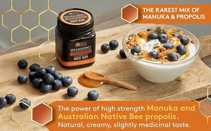 Nature’s Gold Raw Manuka Honey with Australian Native Bee Propolis MGO 829+ | 100% Pure Genuine Traceable Hive to Home