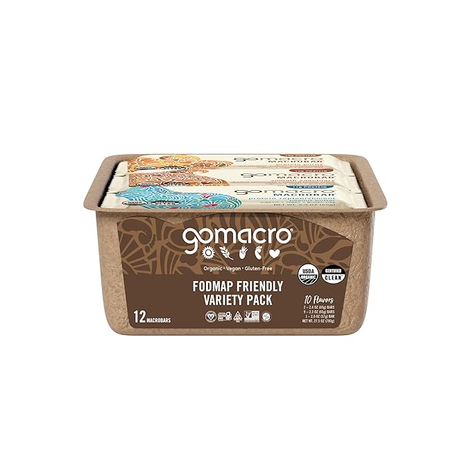 GoMacro MacroBar Organic Vegan Protein Bars - FODMAP Friendly Variety Pack (2.0-2.3 Ounce Bars 12 Count)