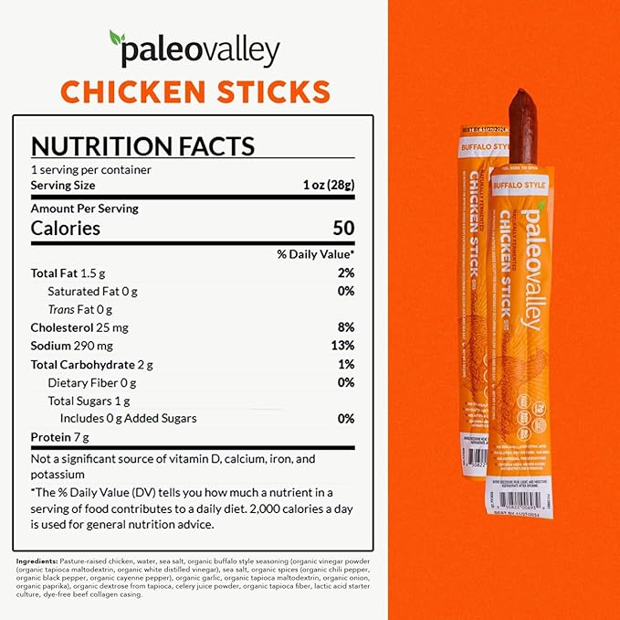 Paleovalley Pasture-Raised Chicken Sticks – 10 Pack – 7g Protein per Stick – Keto-Friendly Paleo Gluten-Free Nitrate-Free – On-the-Go Snack (10 Pack Buffalo)
