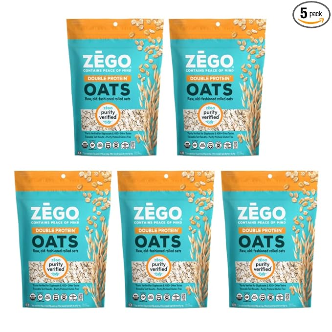 ZEGO Double Protein Raw Oats Organic Purity Protocol Gluten Free GIyphosate Free 14oz Bags Bundle of 5 Bags (70oz total)