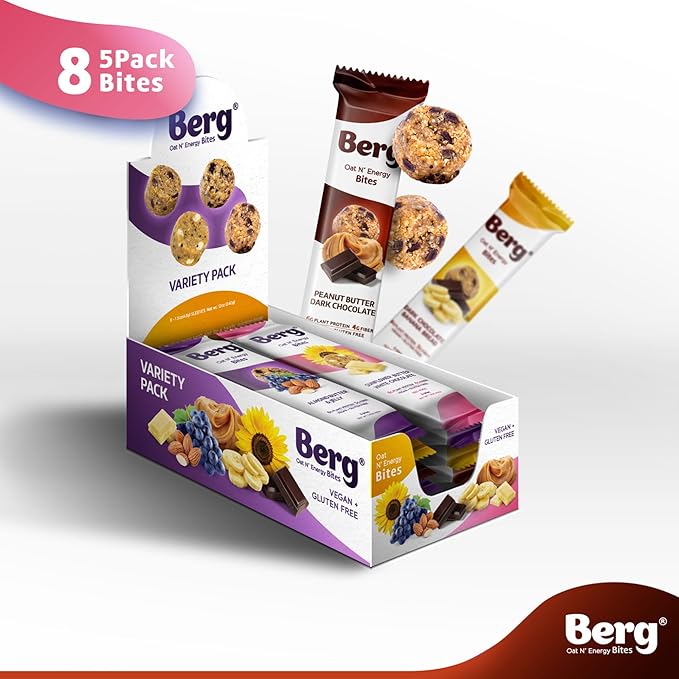 Berg Oat N' Energy Bites - Dark Chocolate Banana Bread - Non-GMO Gluten Free Dairy Free Soy Free and Vegan - Clean Energy Snack - 1.5oz (8 Pack)