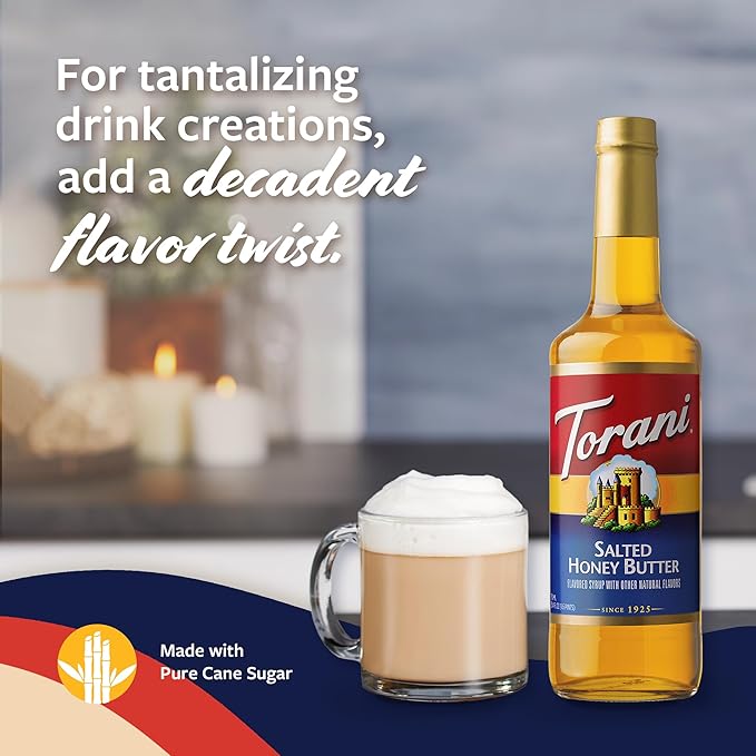 Torani Coffee Syrup Salted Honey Butter Flavoring for Drinks and Desserts Glass Bottle 4-Pack Pumps Included 25.4 Fl Oz Ea