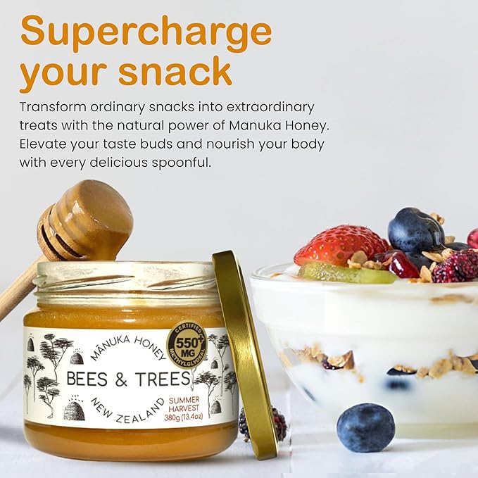 Bees &amp Trees Manuka Honey 550+ MGO - Raw Pure New Zealand Monofloral Honey – Unpasteurized &amp Natural Unfiltered Manuka for Tea Coffee Dressings Smoothies &amp Daily Use – Glass Jar 380g (