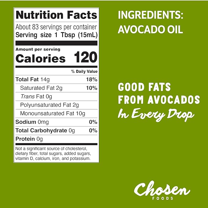 Chosen Foods 100% Pure Avocado Oil Keto Diet Friendly Kosher Oil for Baking High-Heat Cooking Frying Homemade Sauces Dressings and Marinades (1.25 liters)(42.3 fl oz)