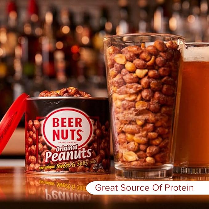 BEER NUTS Original Peanuts - Travel Size Sweet &amp Salty Bar Nuts - Gluten Free Kosher Low Sodium Peanut Snacks Made In The USA - 12oz Resealable Can (Pack of 3)