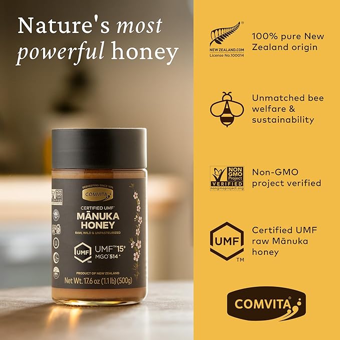 Comvita Manuka Honey UMF 15+ (MGO 514+) - Raw Manuka Honey New Zealand Pure &amp Unpasteurized Superfood for Immune Health Use in Tea Wild Monofloral Non-GMO - 500g (17.6 oz)