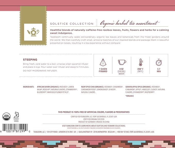 Teabloom Solstice Organic &amp Kosher Certified Rooibos Tea Gift Assortment 12 Compostable Pyramid Sachets Caffeine Free Herbal Tisanes Premium Rooibos Sampler