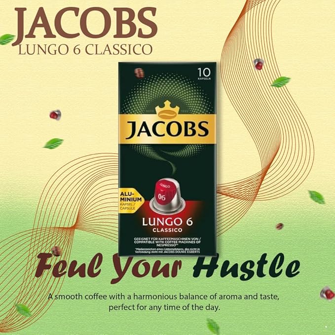 Jacobs Lungo 6 Classico 10x10 CAPSULES Coffee Capsules Compatible with (057 USD/1 CAP)