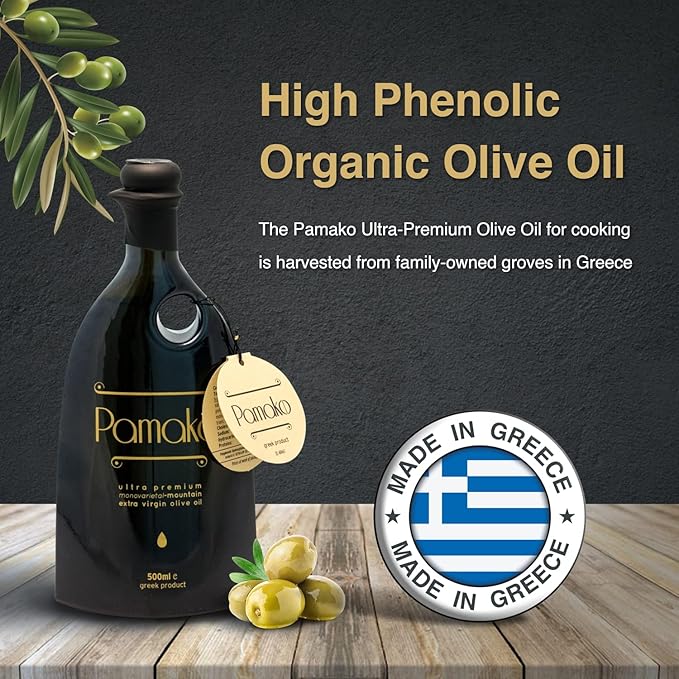 Pamako Ultra-Premium Monovarietal Mountain Organic Olive Oil | New Harvest 2024-5 | Cold Pressed Organic Evoo From Greece | 2090mg/kg (500 ml (16.9 oz))