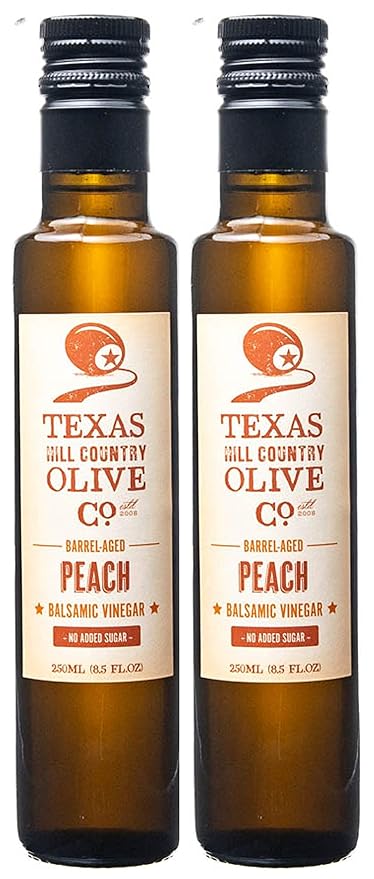 Peach Balsamic Vinegar - Gourmet Barrel Aged Infused Balsamic Vinegar - Great for Dressing Dipping Glazing - No Artificial Flavors or Added Sugar - Made in Texas (8.5 oz 2 Pack)