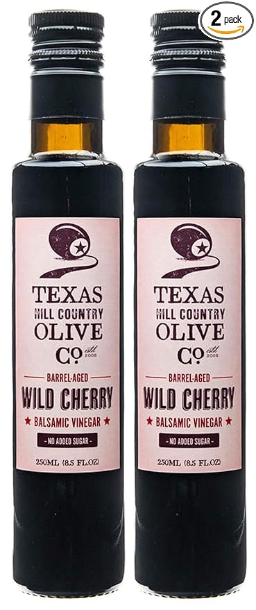 Wild Cherry Balsamic Vinegar - Gourmet Barrel Aged Infused Balsamic Vinegar - Great for Dressing Dipping Glazing - No Artificial Flavors or Added Sugar - Made in Texas (8.5 oz 2 Pack)
