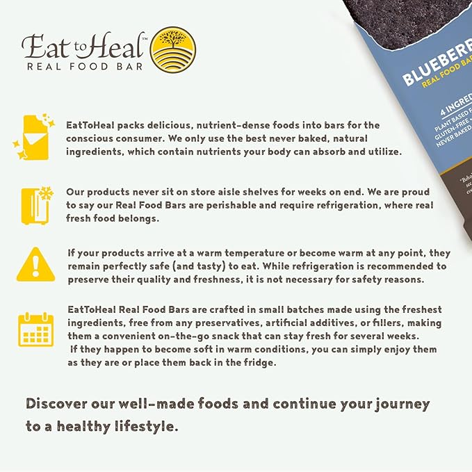 EatToHeal Blueberry Real Food Bar - Organic Protein Bars Vegan Food Healthy Gluten Free Protein Food - Low Sugar Protein Bars Non GMO Never Baked Plant Based Organic Snacks - Crafted to Enjoy