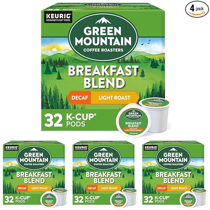 Green Mountain Coffee Roasters Decaf Breakfast Blend Single-Serve Keurig K-Cup Pods Light Roast Coffee 32 Count (Pack of 4)