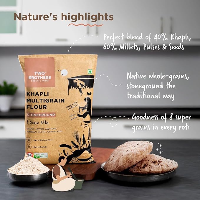 Khapli Multigrain Atta | Emmer Flour | 8 Super Grains Flour Mix | Diabetic Friendly | High Fibre &amp High Protein | Low GI Atta | Emmer Jowar Jau Ragi Soybean  Chickpea | 2kg from Two Brothers
