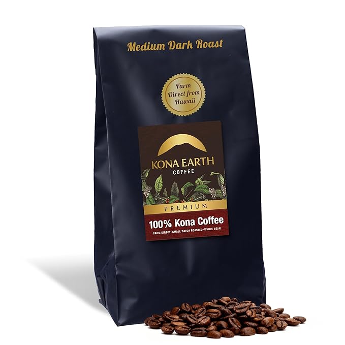 KONA EARTH 100% Kona Premium Coffee Medium Dark Roast Whole Bean 5 lb (80 oz) Farm-Direct Authentic Hawaiian Kona Coffee beans from Hawaii’s Big Island Micro-Batch-Roasted