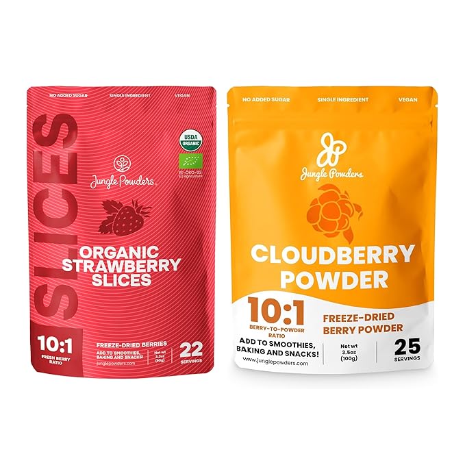 Jungle Powders Freeze Dried Strawberries Organic USDA Certified Strawberry Slices 3.2 Ounce Bag + Wild Cloudberry Powder for Smoothies Baking Jam 3.5 Ounce Bag Pure Nordic Freeze Dried Cloudberry