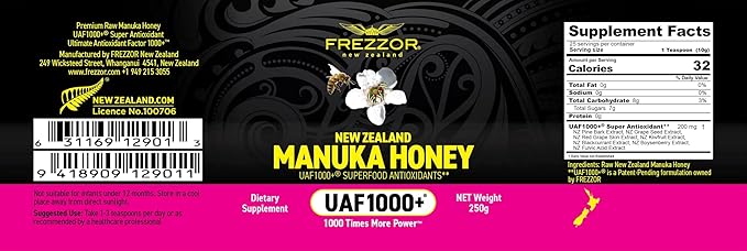 FREZZOR Premium 100% Raw New Zealand Manuka Honey with UAF1000+ Super Antioxidant 30% More Bioactive Best Support for Everyday Wellness Antioxidant Superfood 1 Jar (8.8oz/250g)