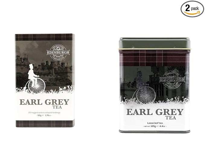 Edinburgh Tea Coffee Company Set of 2 Teas Reusable Tin of Loose Leaf Tea and a Pack of 25 Teabags Morning Hot Drinks Scottish Tradition Souvenirs (Earl Grey Tea)