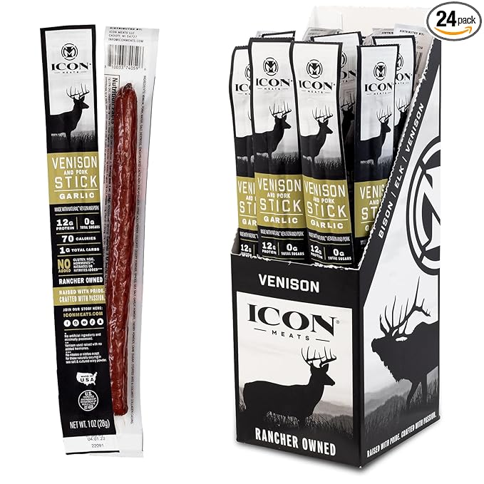 ICON Meats Venison and Pork Snack Sticks Garlic Flavor 24 Pack High Protein Snacks Sugar Free Natural Jerky Meat Sticks Gluten Free USDA Inspected Made in the USA Gifts for Him