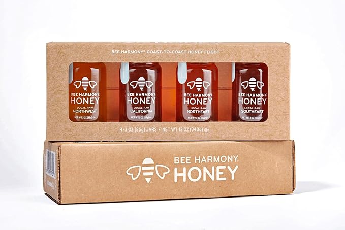 Bee Harmony Coast-to-Coast Honey Flight Mini Honey Gift Set 4 Jars 3 OZ Each Premium Raw Made in the USA