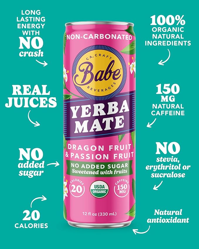 Babe Organic Yerba Mate Energy Drinks | 150mg Plant-Based Caffeine | Natural Yerba Mate Tea with No Crash No Jitters (Dragon Fruit &amp Passion Fruit Zero Sugar)