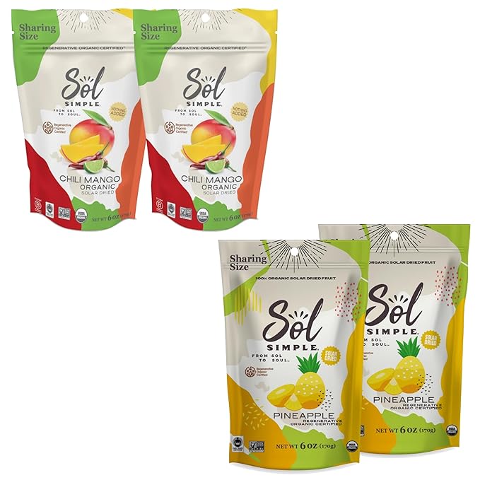 SOL SIMPLE Regenerative Organic Certified™ Dried Chili Mango and Pineapple | Snack Pack | Vegan | Non-GMO | No Added Sugar | Dried Fruit | Dried No Sugar | Organic