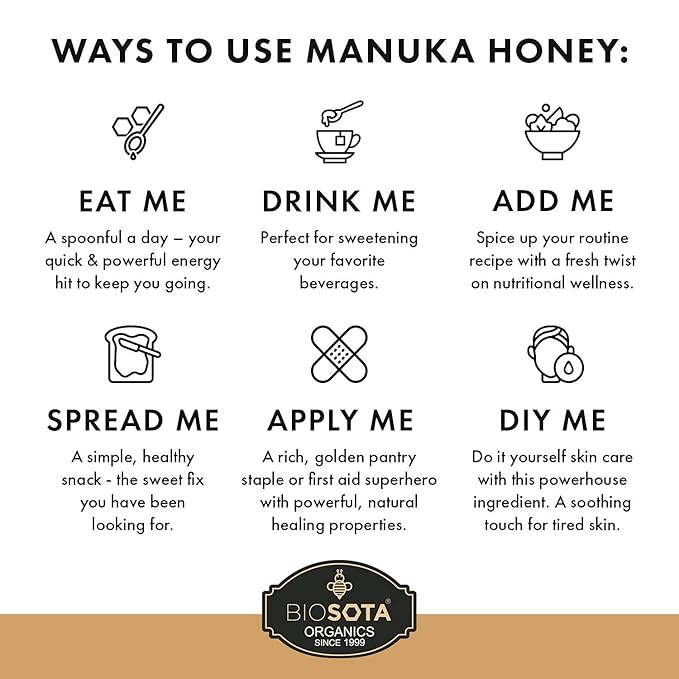 BIOSOTA Organic Manuka Honey MGO 550+ - Medical Grade Manuka Honey from Australia NPA/ULF 15+ 100% Raw Unheated Pure Honey 8.8oz (550+) (MGO 550+)