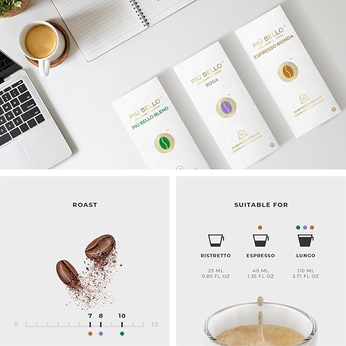 Piu Bello Espresso Coffee Pods for Nespresso Original Machines – Light Roast Variety Pack – 3 Flavors: Chocolate Nuts Sweet Caramel – Rich &amp Balanced Taste – Kosher Certified (3-Flavor Multipack