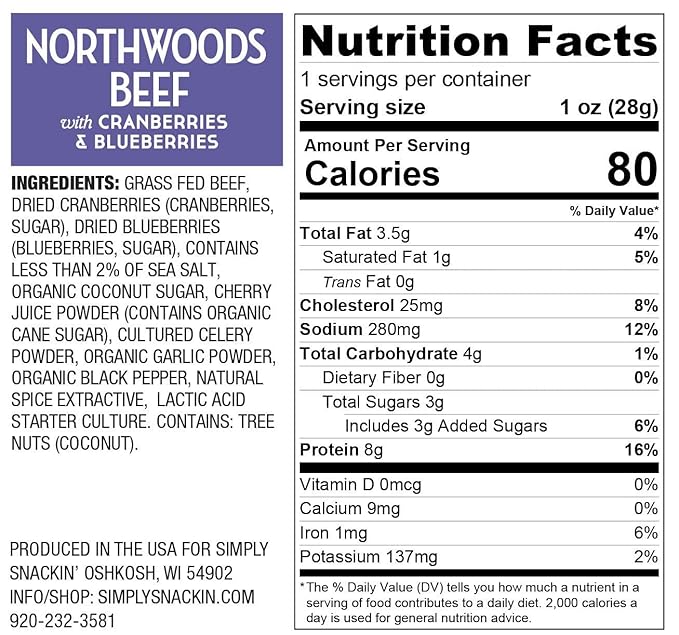 Simply Snackin' - Dried Grass Fed Beef Snacks High Protein Low Calorie Low Sugar Low Carb Low Fat Gluten Free 20 Serving Pack (Northwoods Beef with Cranberries &amp Blueberries)