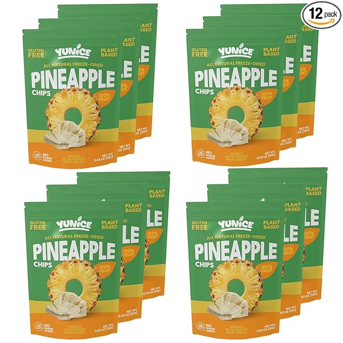 YUNiCE Freeze-Dried Pineapple Chips 100% Real Fruit Snack No Sugar Added Gluten Free Plant Based Crispy pineapple chunks organic pineapple PINEAPPLE 0.70 Ounce (Pack of 12)