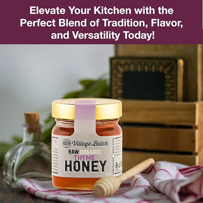 Village Batch Raw Organic Thyme Honey 8.5oz (Pack of 1) Jar from Mycenae Unheated and Unpasteurized Greek-Honey Light Amber Rich Flavor and Intense Floral Aroma