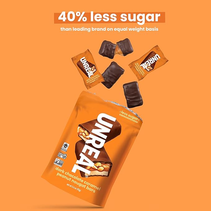 UNREAL Dark Chocolate Peanut Caramel Nougat Bars - Individually Wrapped Low Sugar Chocolate Snacks for Adults &amp Kids Organic Ingredients Soy Free Non-GMO (1 bag 209grams)