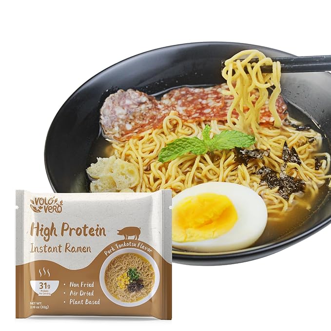 VOLO VERO High Protein (31g) Instant Ramen Pork Tonkotsu Flavor Soup Plant-Based Air-Dried Non-Fried Low Carb Egg-Free Dairy Free Healthy Meal Ready to Eat 8 Pack