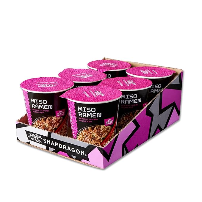 Snapdragon Miso Ramen Cup Noodles - 6 Pack Instant Ramen Bowl with Authentic Wheat Noodles Soup Sauce Base Vege Pack and Flavoring Chili Oil. Microwave or Hot Water Easy Meal Prep