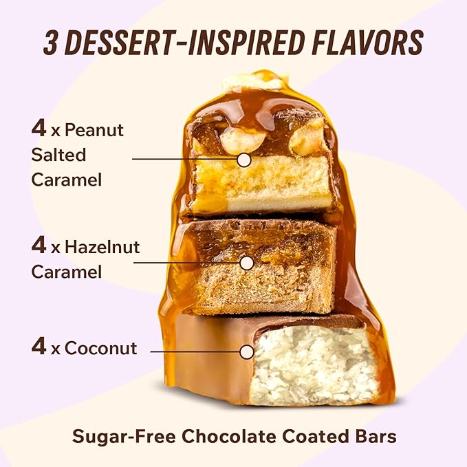 FitnesSHOCK Protein Bars Variety Pack – Low Sugar Dessert Snack (1g Total Sugar No added Sugar) – Coconut Peanut Salted Caramel &amp Hazelnut Caramel – Healthy Snack Box –12 Count
