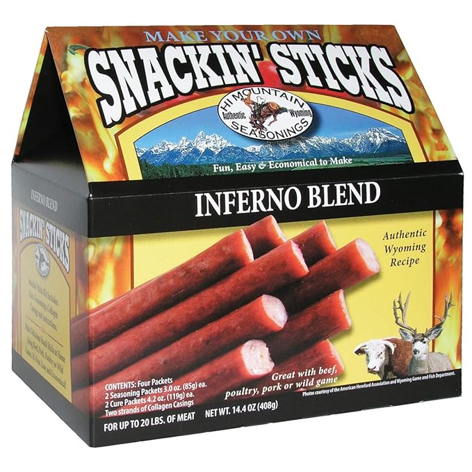 Hi Mountain Seasonings ǀ Snack Stick Seasoning Kit ǀ INFERNO BLEND ǀ Includes Seasoning Cure Casings &amp Directions ǀ Seasons up to 20 lbs of Meat ǀ Beef Pork Venison Deer &amp Wild Game