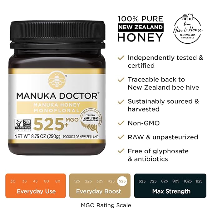 MANUKA DOCTOR - MGO 925+ and MGO 525+ Manuka Honey Monofloral Value Bundle 100% Pure New Zealand Honey. Certified. Guaranteed. RAW. Non-GMO 2 x 8.75oz Pots