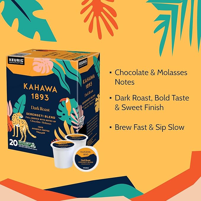 Kahawa 1893 Dark Roast Coffee K-Cup Pods Serengeti Blend (20 Count) - As Seen on Shark Tank Low Acid High Antioxidants Naturally Sweet Organically Grown Ethically &amp Sustainably Sourced