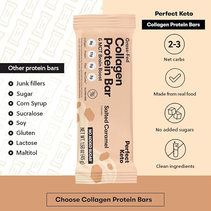 Perfect Keto Bars - The Cleanest Keto Snacks with Collagen and MCT. No Added Sugar Keto Diet Friendly - 3g Net Carbs 19g Fat11g Protein - Diet Food Dessert (Salted Caramel 12 Bars)