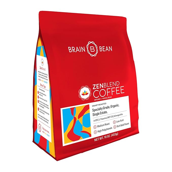 Brain Bean Zen-Blend Organic Coffee Whole Bean with Caprylic Acid MCT (C-8) A-GPC L-Theanine &amp Ashwagandha Extract - Premium Grade Organic Coffee Beans for Focus &amp Calm Support (16 Oz)