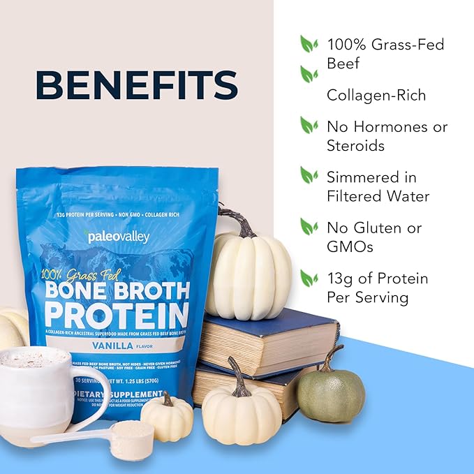 Paleovalley 100% Grass Fed Beef Bone Broth Protein Powder &amp Beef Sticks Bundle - Collagen Peptides for Hair Skin Gut Joint Support High Protein Keto-Friendly Gluten-Free