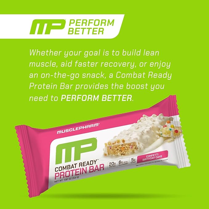 MusclePharm Combat Ready Protein Bar Confetti Cake High Protein Bars Combat Cravings Fuel Performance &amp Meet Energy Demands 20g Protein from Whey Protein 4g Fiber Gluten Free 12 Bars