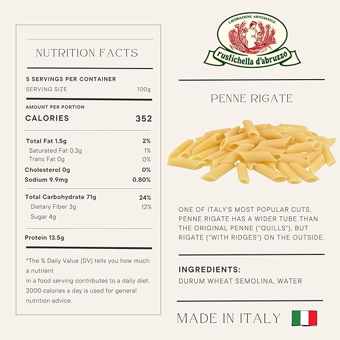 Rustichella d'Abruzzo Penne Rigate Pasta (Pack of 3) - 500g Classic Durum Wheat Short Pasta with Ridges - Ideal for Sauces- Cooks in 10-12 Minutes - Authentic Italian Pasta