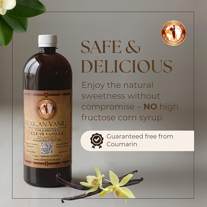 Pure Clear Mexican Vanilla Extract (33.81 fl oz)– Gluten-Free Coumarin-Free Vanilla for Baking Cakes Cookies Coffee &amp Desserts – Cold Pressed Natural Vanilla