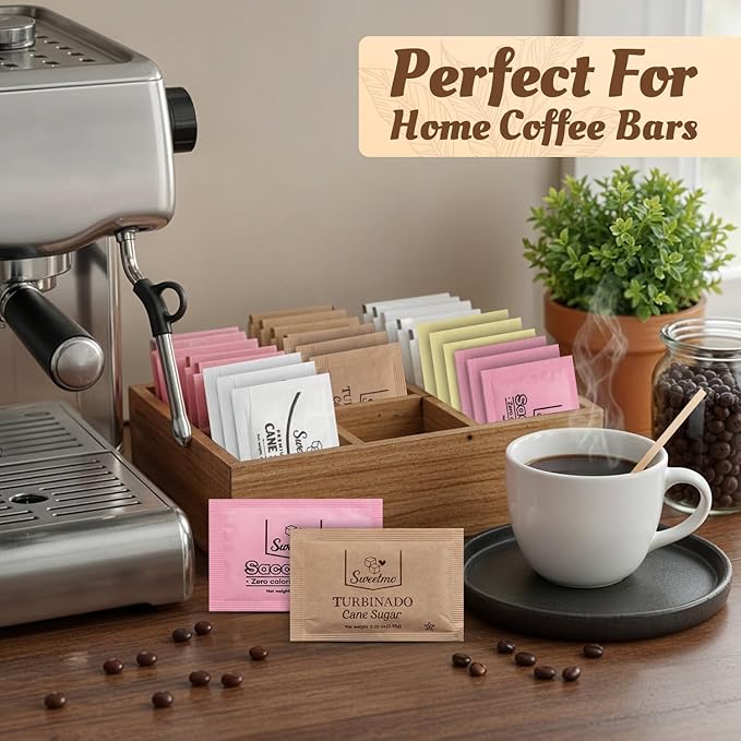 Sweetmo Sugar Packets Variety Pack - Sucralose Raw Sugar Saccharin Cane Sugar with Wooden Stirrers - 300 Count for Coffee Tea Office Breakrooms Home &amp Airbnb