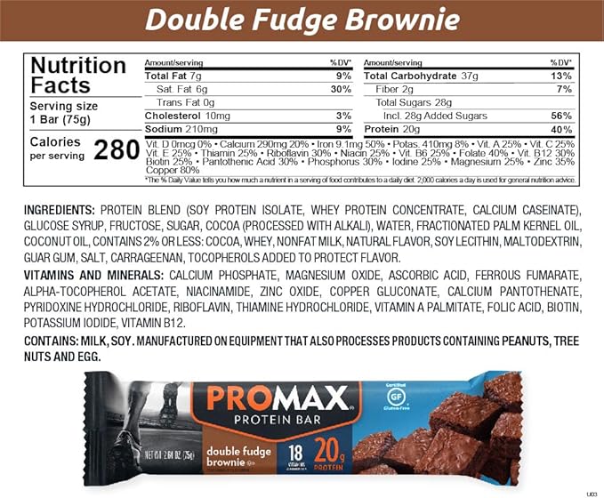 Promax Protein Bar Double Fudge Brownie 20g High Protein Gluten Free 12 Count