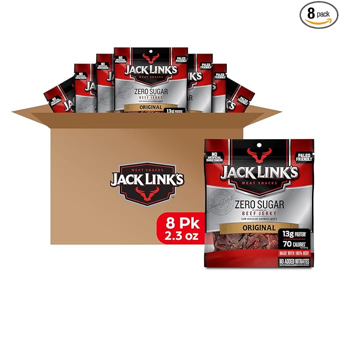 Jack Link's Beef Jerky Original Zero Sugar - Flavorful Meat Snacks Ready to Eat Protein Snacks with 13g of Protein per Serving Made with 100% Beef Keto Paleo Diet Friendly - 2.3 Oz. (Pack of 8)
