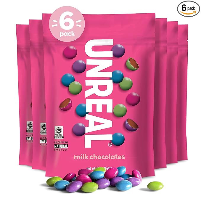 UNREAL Milk Chocolate Gems Certified Fair Trade Non-GMO Made with Gluten Free Ingredients and Colors from Nature No Sugar Alcohols or Soy 6 Bags